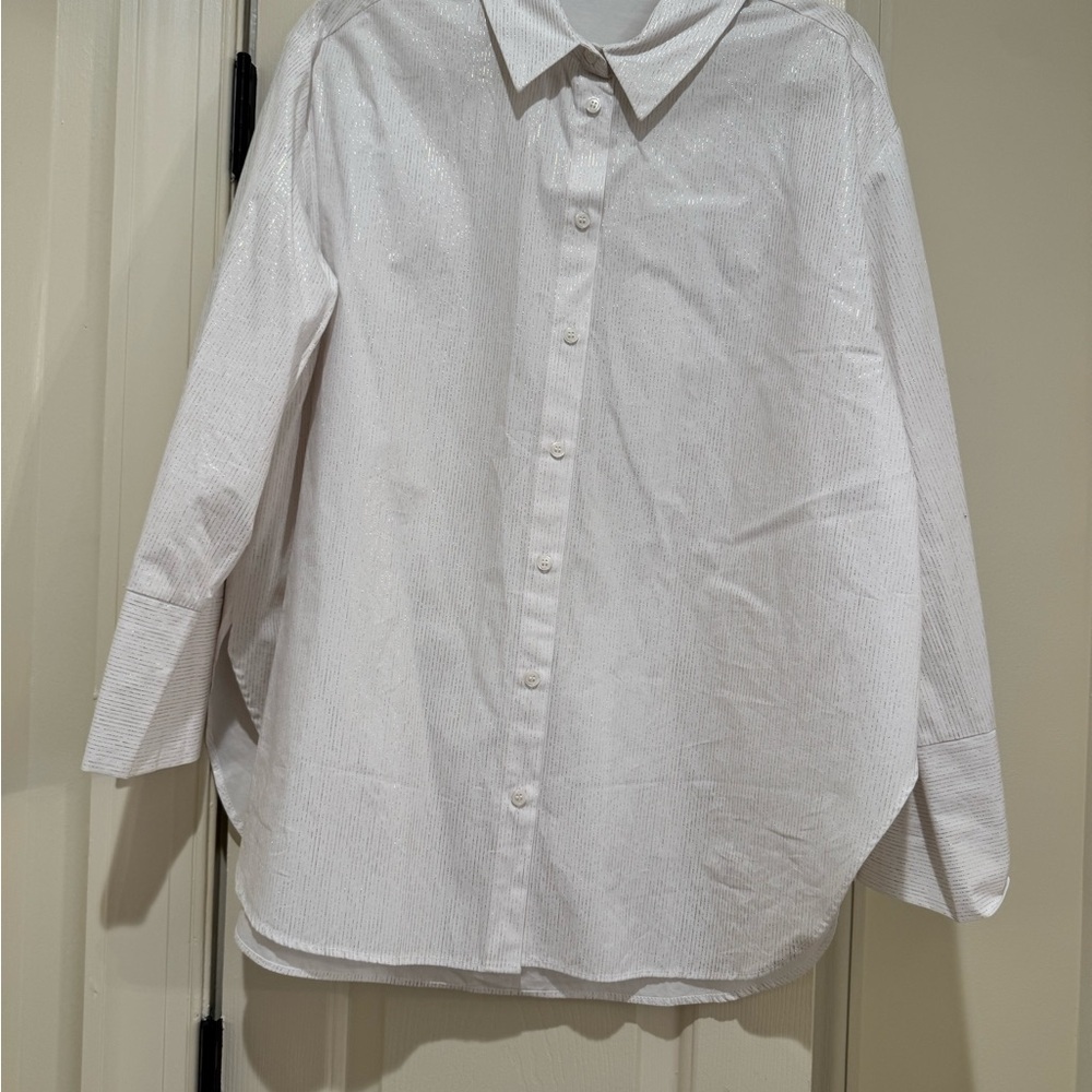 Zara White Long-Sleeve Button Down Shirt with gold threading L